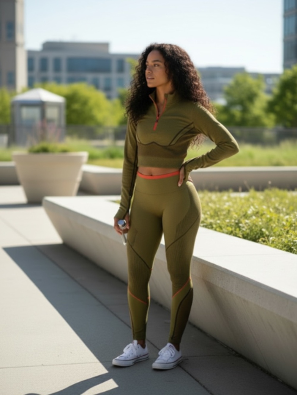 Fabletics 2-Piece Seamless Athleisure Set Olive Green Leggings + Crop Zip Top - Picture 3 of 7